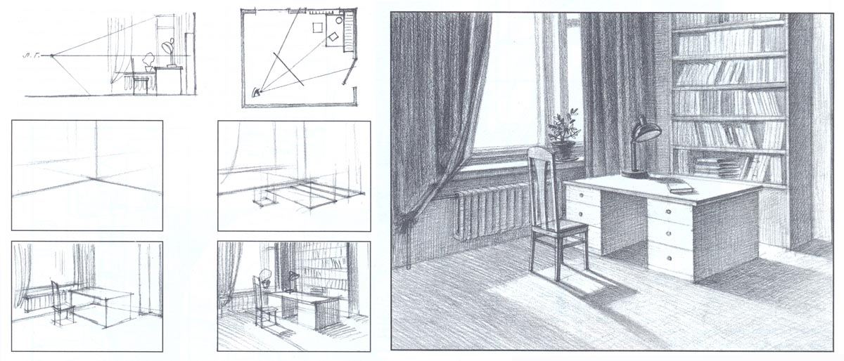 Угловая перспектива интерьера построение поэтапно для начинающих